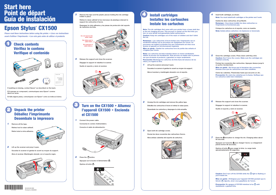 Install cartridges, Start here point de départ guía de instalación, Epson stylus | Cx1500 | Epson Stylus CX1500 User Manual | Page 3 / 8