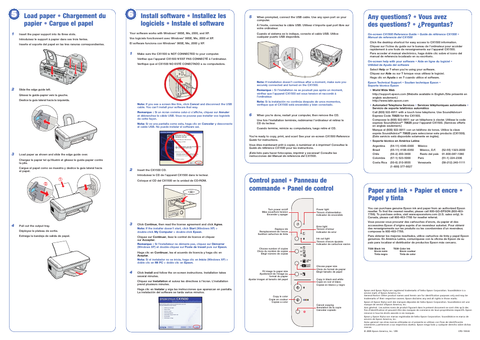 Control panel, Continue | Epson Stylus CX1500 User Manual | Page 7 / 8