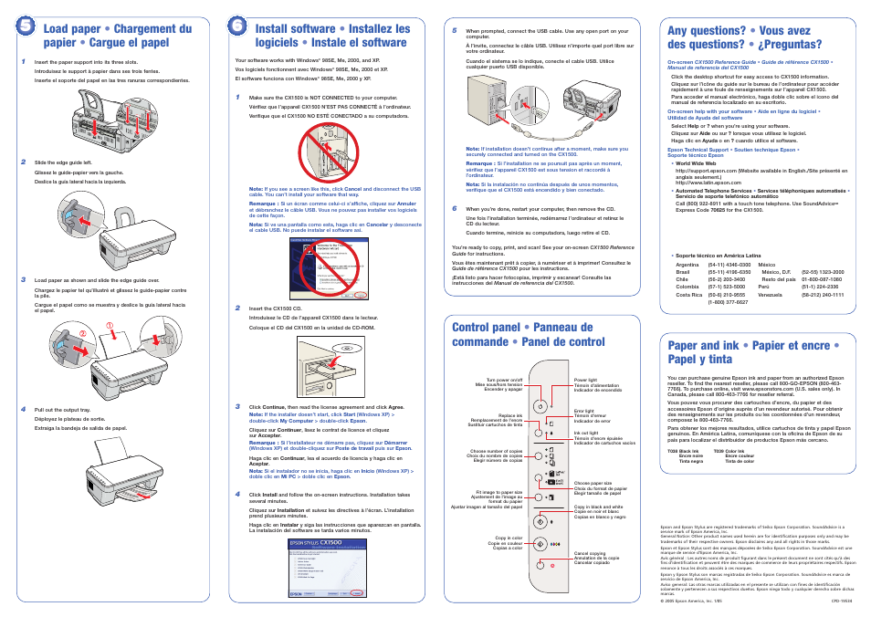 Any questions, Paper and ink, Continue | Epson Stylus CX1500 User Manual | Page 8 / 8