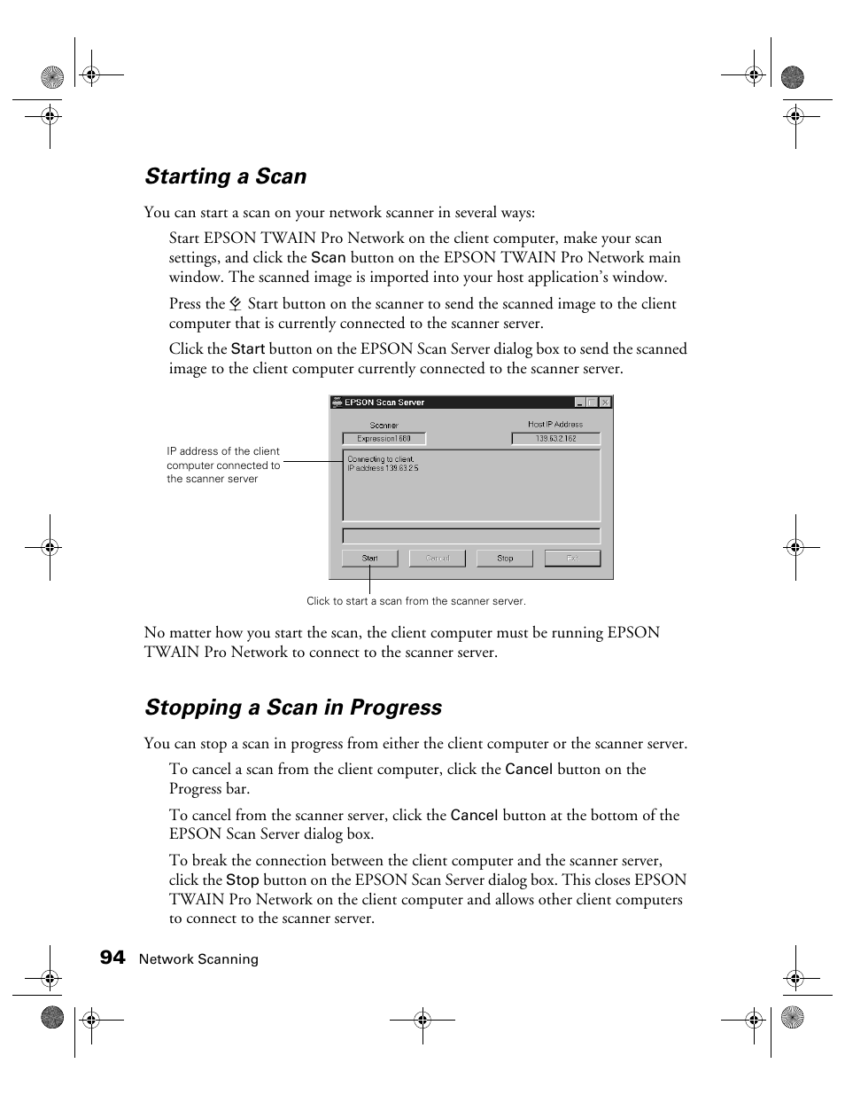 Starting a scan, Stopping a scan in progress | Epson 1680 User Manual | Page 101 / 159