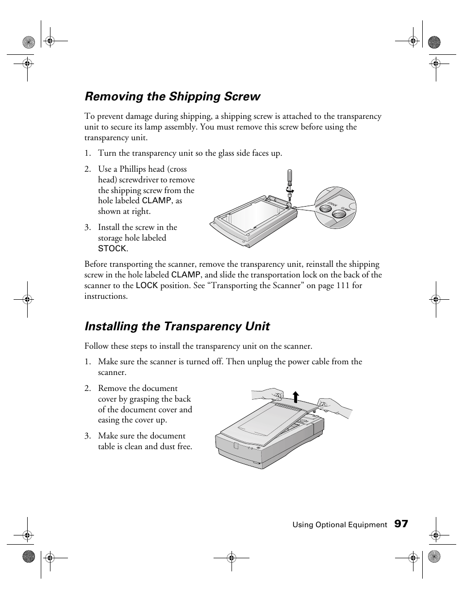 Removing the shipping screw, Installing the transparency unit | Epson 1680 User Manual | Page 104 / 159