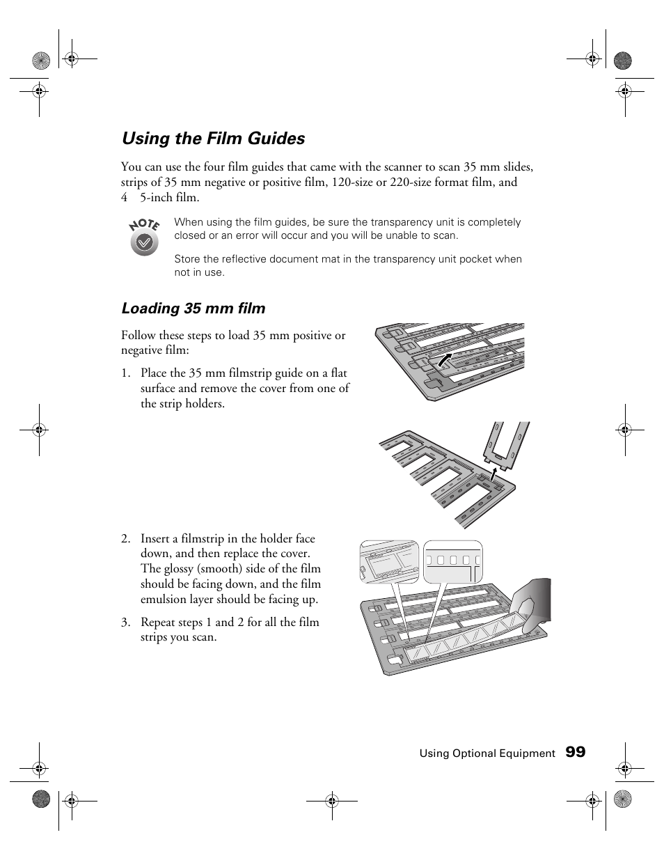 Using the film guides, Loading 35 mm film | Epson 1680 User Manual | Page 106 / 159