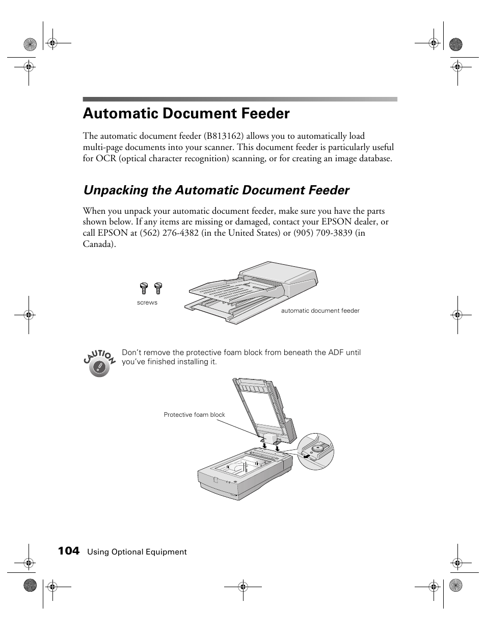 Automatic document feeder, Unpacking the automatic document feeder | Epson 1680 User Manual | Page 111 / 159