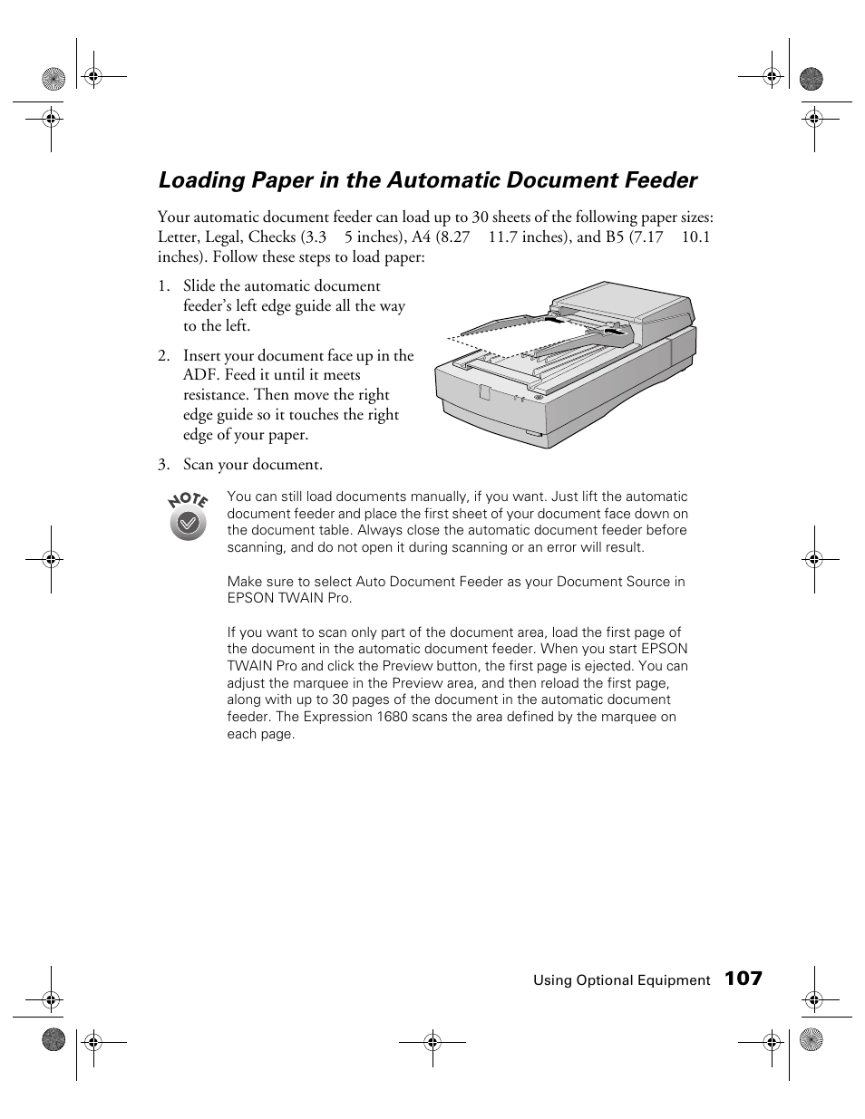 Loading paper in the automatic document feeder | Epson 1680 User Manual | Page 114 / 159
