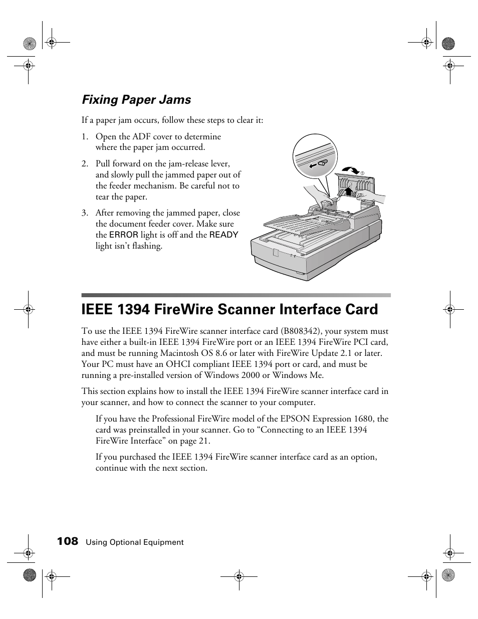 Fixing paper jams, Ieee 1394 firewire scanner interface card | Epson 1680 User Manual | Page 115 / 159