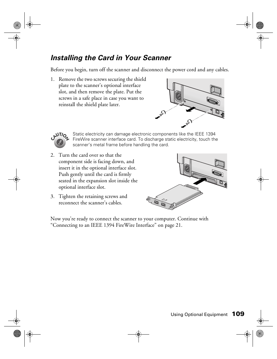 Installing the card in your scanner | Epson 1680 User Manual | Page 116 / 159