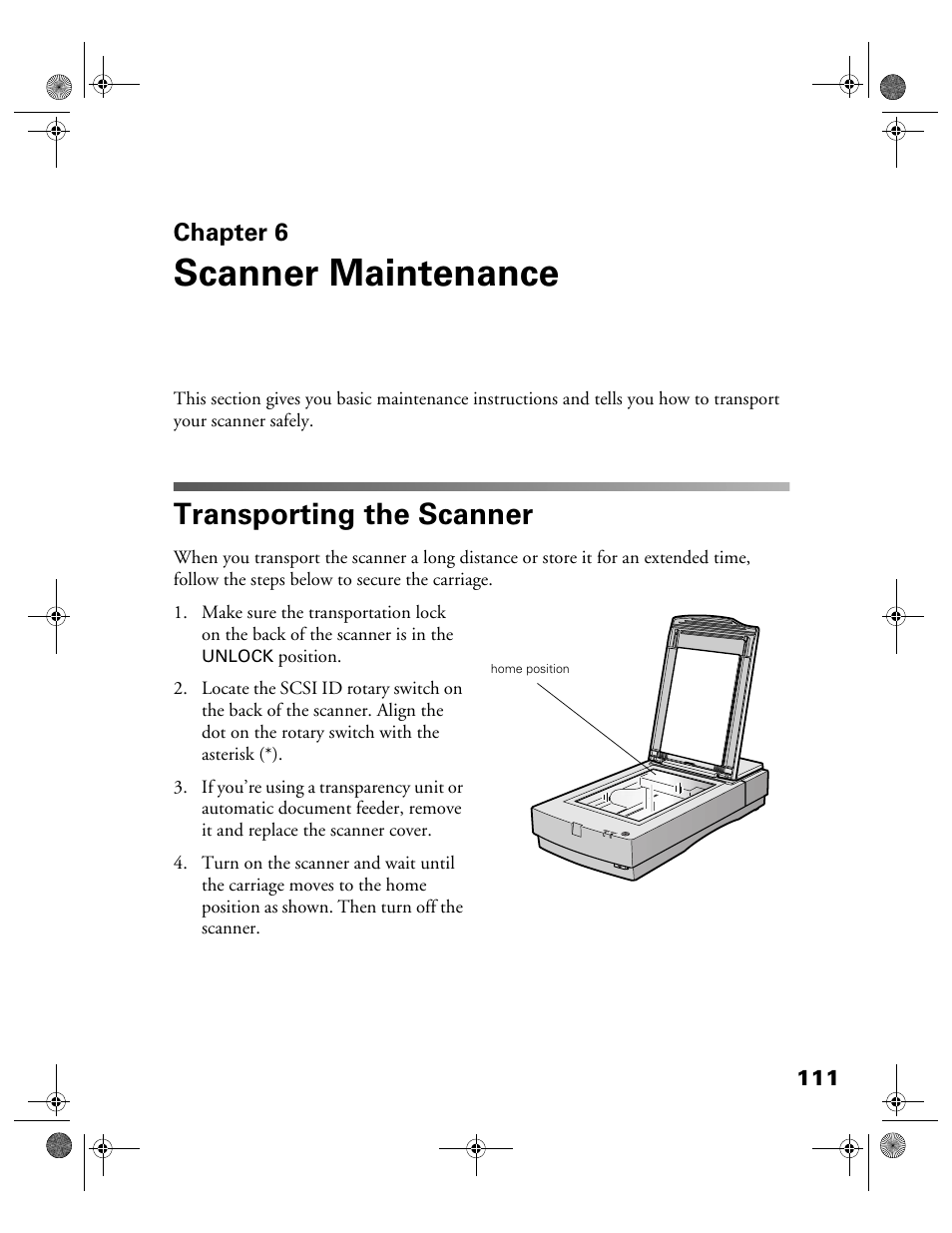 Chap 6-scanner maintenance, Transporting the scanner, Chapter 6 | Scanner maintenance | Epson 1680 User Manual | Page 118 / 159