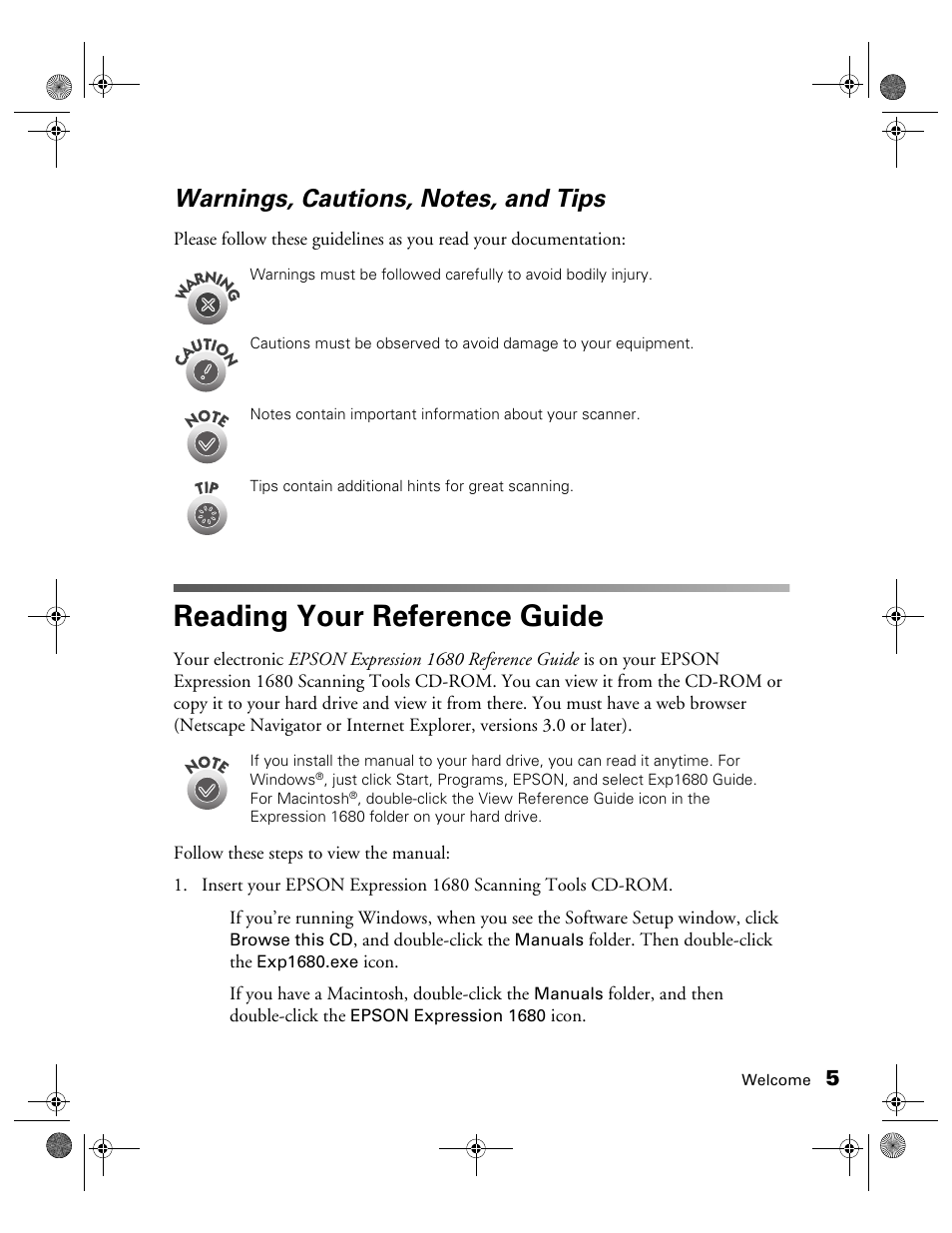 Warnings, cautions, notes, and tips, Reading your reference guide | Epson 1680 User Manual | Page 12 / 159