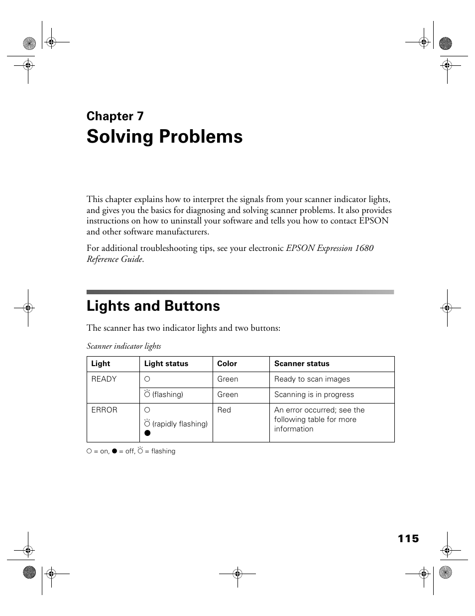 Chap 7-solving problems, Lights and buttons, Chapter 7 | Solving problems | Epson 1680 User Manual | Page 122 / 159