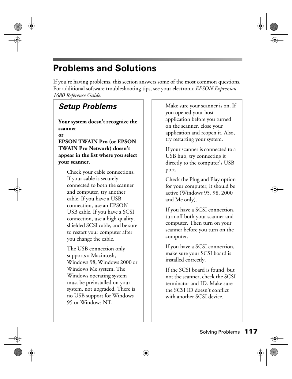 Problems and solutions, Setup problems | Epson 1680 User Manual | Page 124 / 159