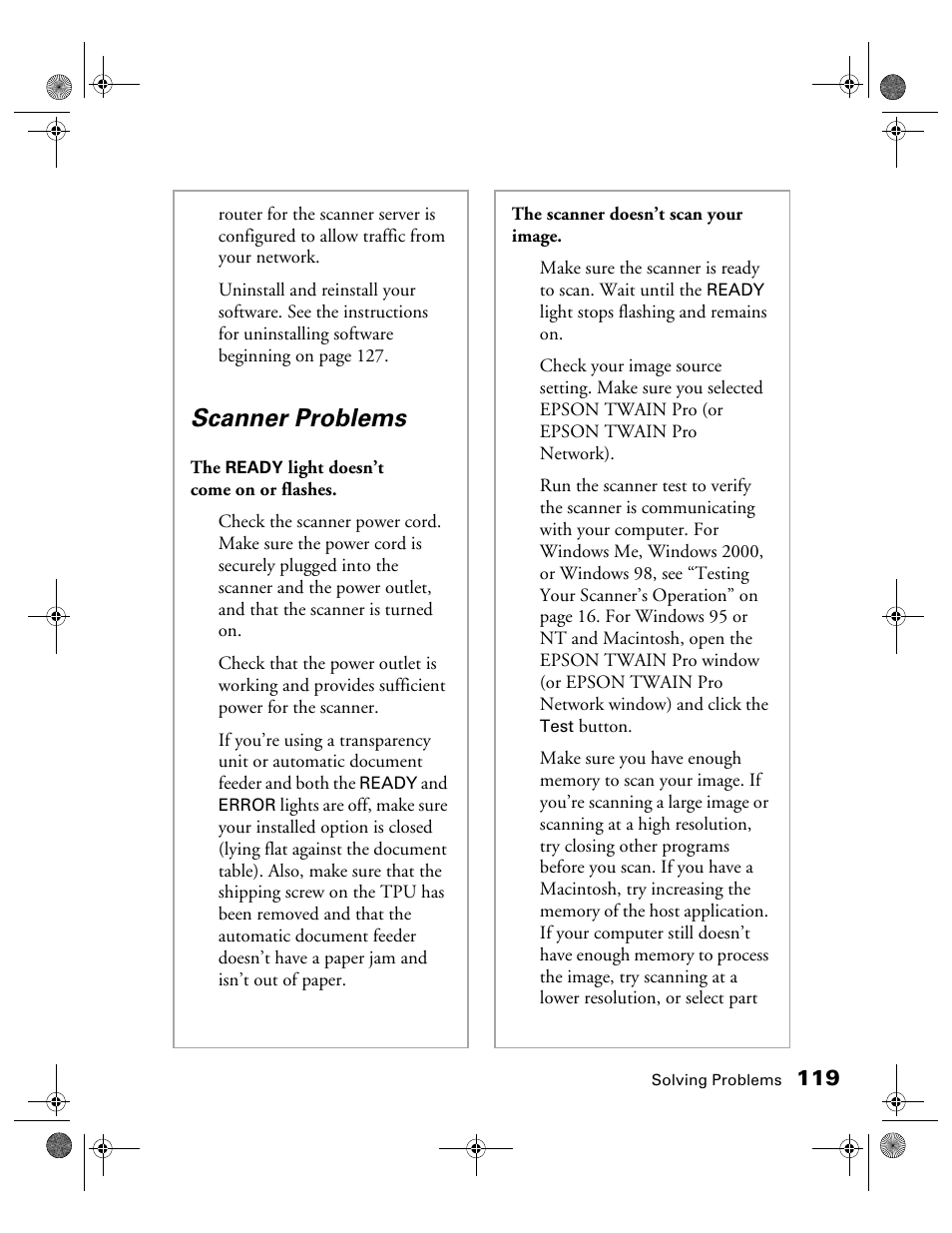 Scanner problems | Epson 1680 User Manual | Page 126 / 159