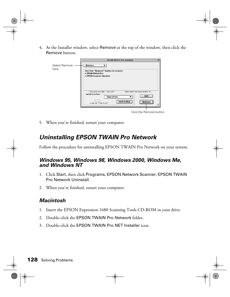 Uninstalling epson twain pro network | Epson 1680 User Manual | Page 135 / 159