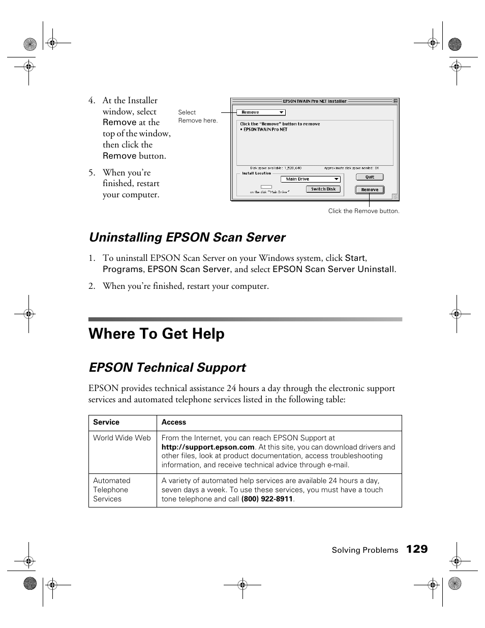 Uninstalling epson scan server, Where to get help, Epson technical support | Epson 1680 User Manual | Page 136 / 159