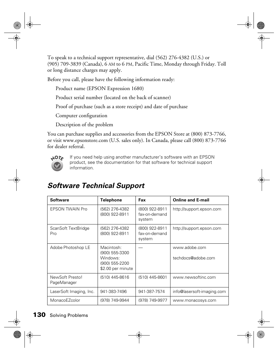 Software technical support | Epson 1680 User Manual | Page 137 / 159