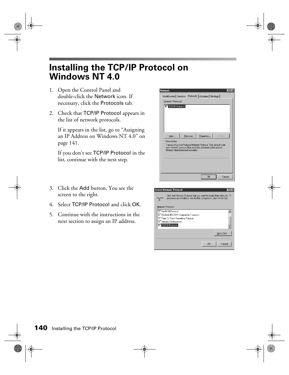 Installing the tcp/ip protocol on windows nt 4.0, Installing the tcp/ip protocol on, Windows nt 4.0 | Epson 1680 User Manual | Page 147 / 159