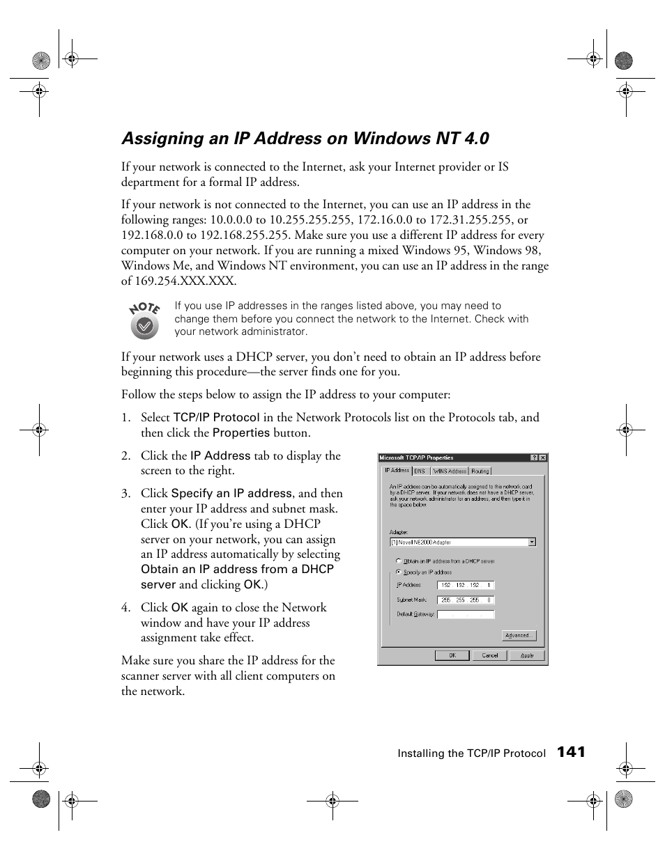 Assigning an ip address on windows nt 4.0 | Epson 1680 User Manual | Page 148 / 159