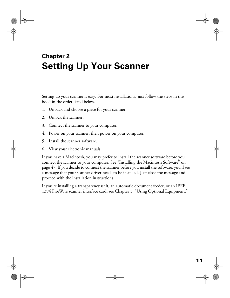 Chap 2-setting up your scanner, Chapter 2, Setting up your scanner | Epson 1680 User Manual | Page 18 / 159