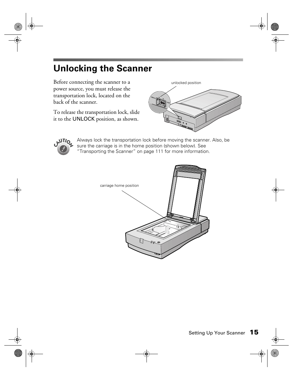 Unlocking the scanner | Epson 1680 User Manual | Page 22 / 159
