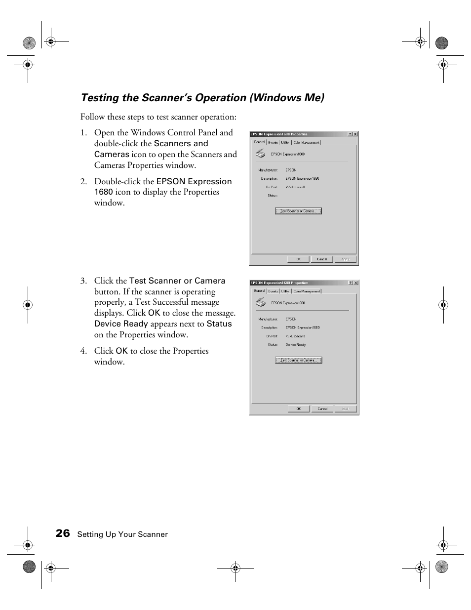 Testing the scanner’s operation (windows me) | Epson 1680 User Manual | Page 33 / 159