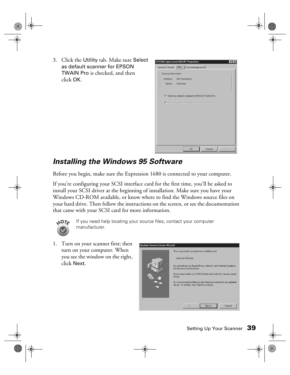 Installing the windows 95 software | Epson 1680 User Manual | Page 46 / 159