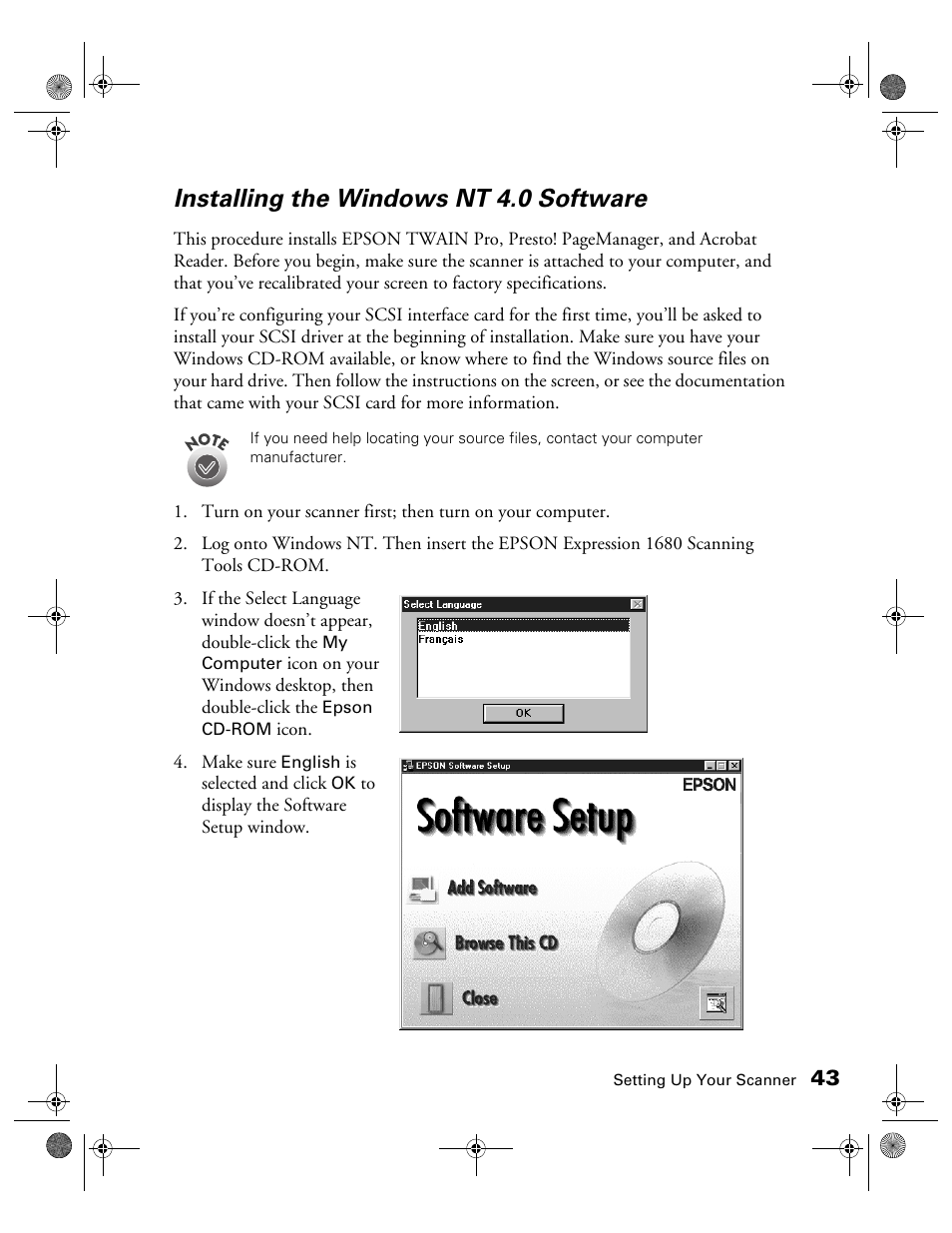 Installing the windows nt 4.0 software | Epson 1680 User Manual | Page 50 / 159