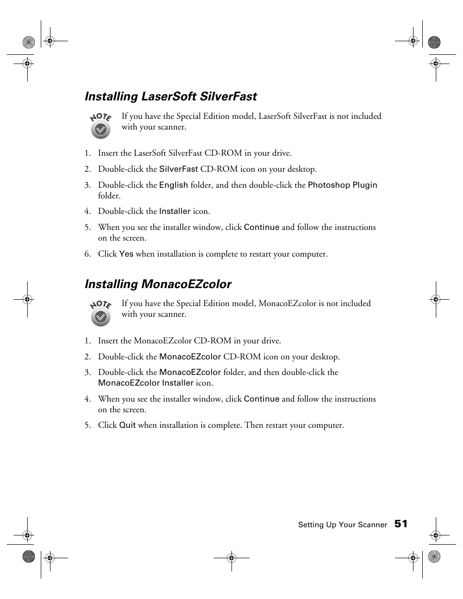 Installing lasersoft silverfast, Installing monacoezcolor | Epson 1680 User Manual | Page 58 / 159