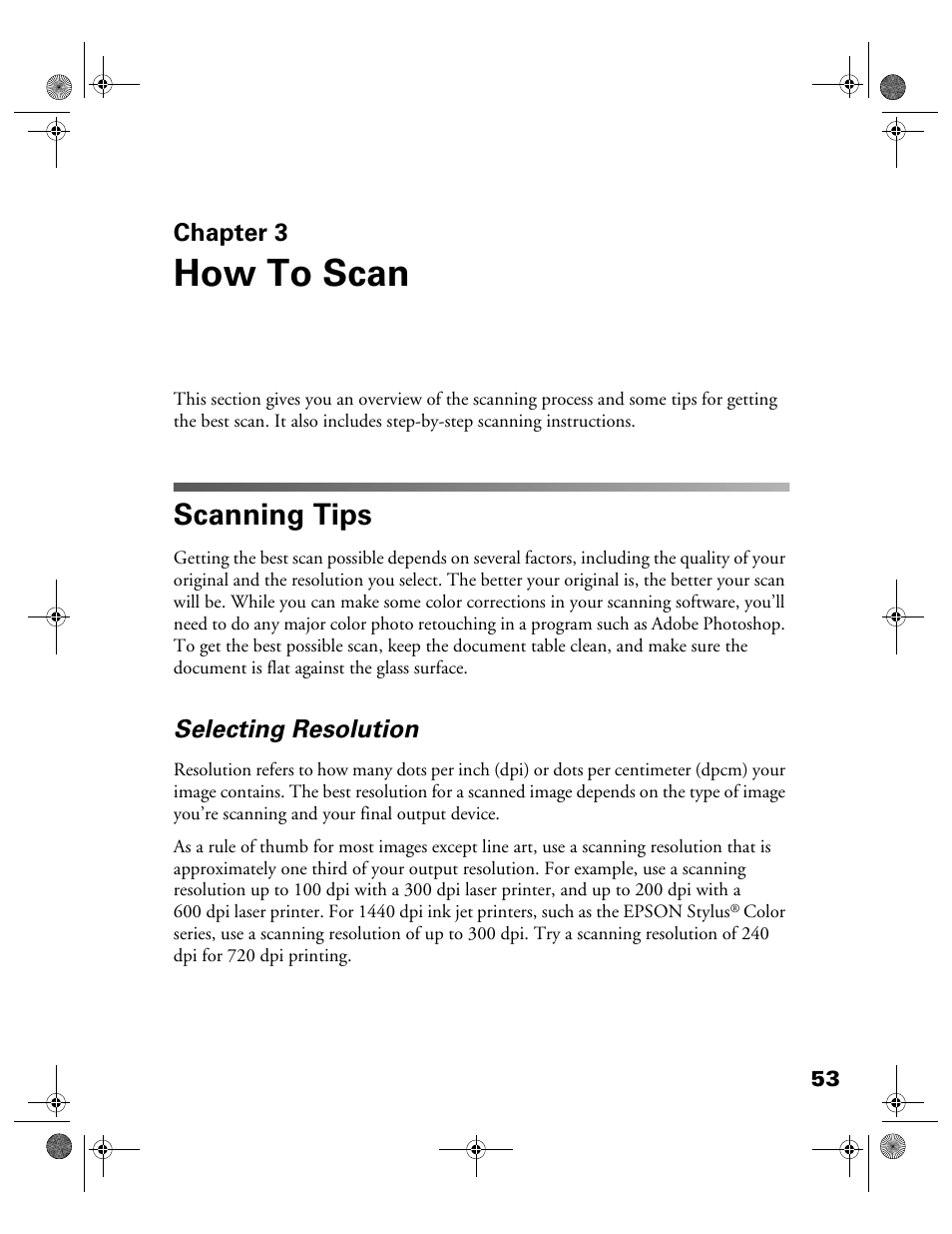 Chap 3-how to scan, Scanning tips, Selecting resolution | Chapter 3, How to scan | Epson 1680 User Manual | Page 60 / 159