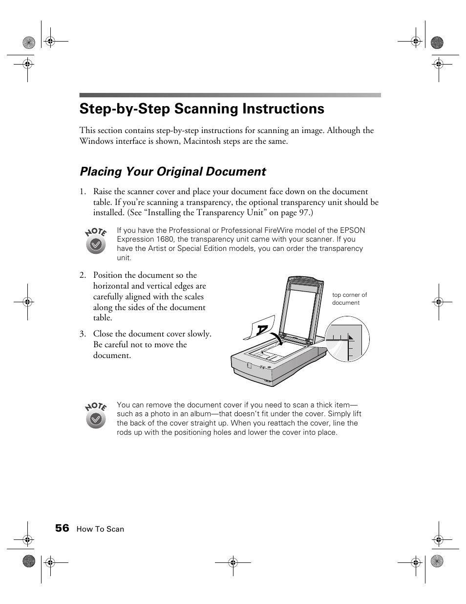 Step-by-step scanning instructions, Placing your original document | Epson 1680 User Manual | Page 63 / 159