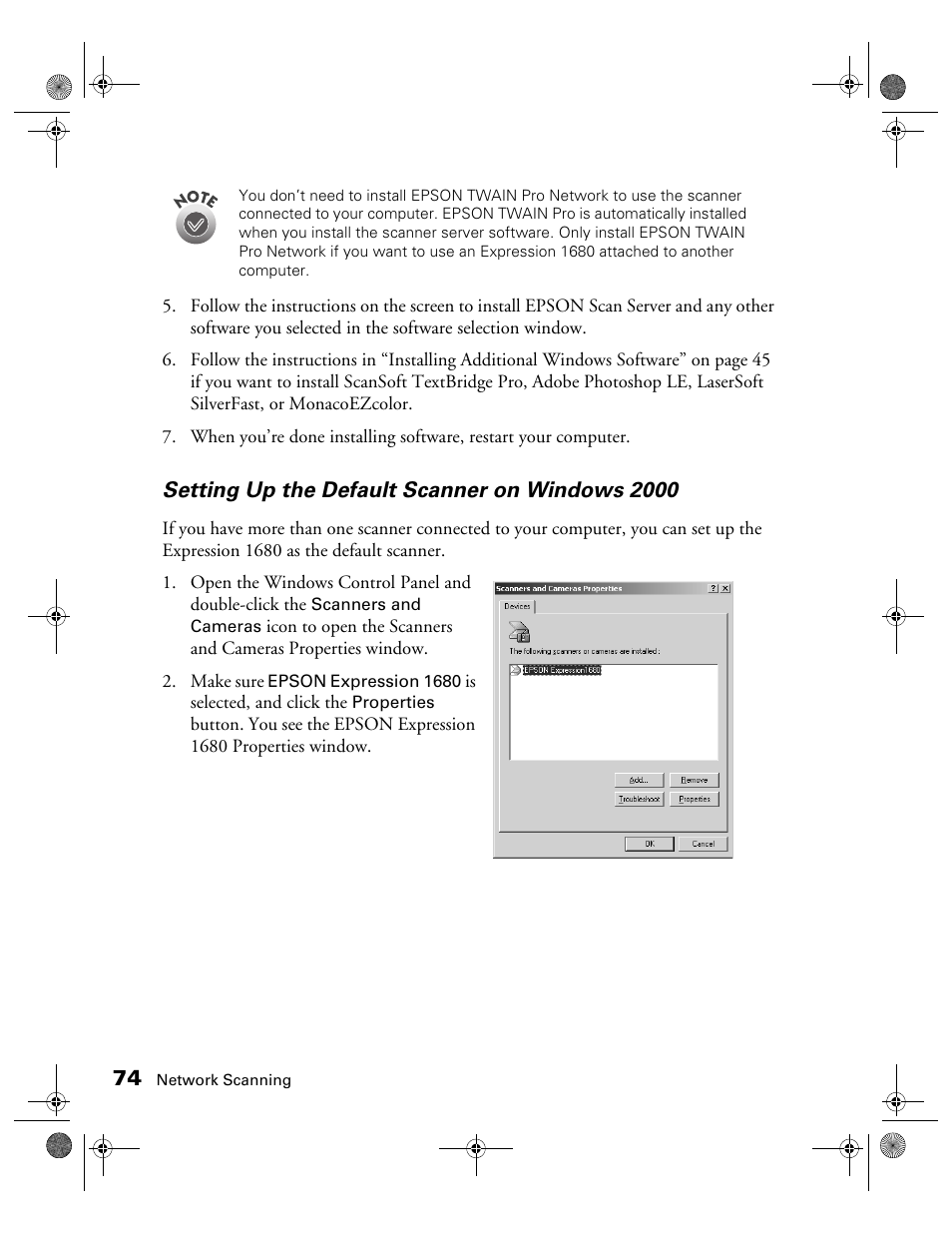 Setting up the default scanner on windows 2000 | Epson 1680 User Manual | Page 81 / 159