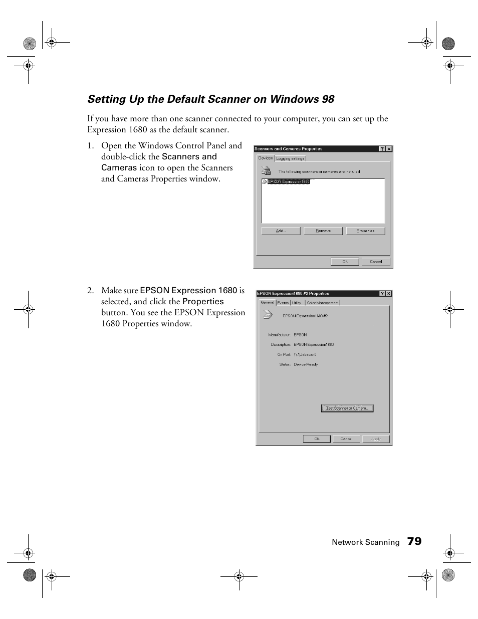 79 setting up the default scanner on windows 98 | Epson 1680 User Manual | Page 86 / 159