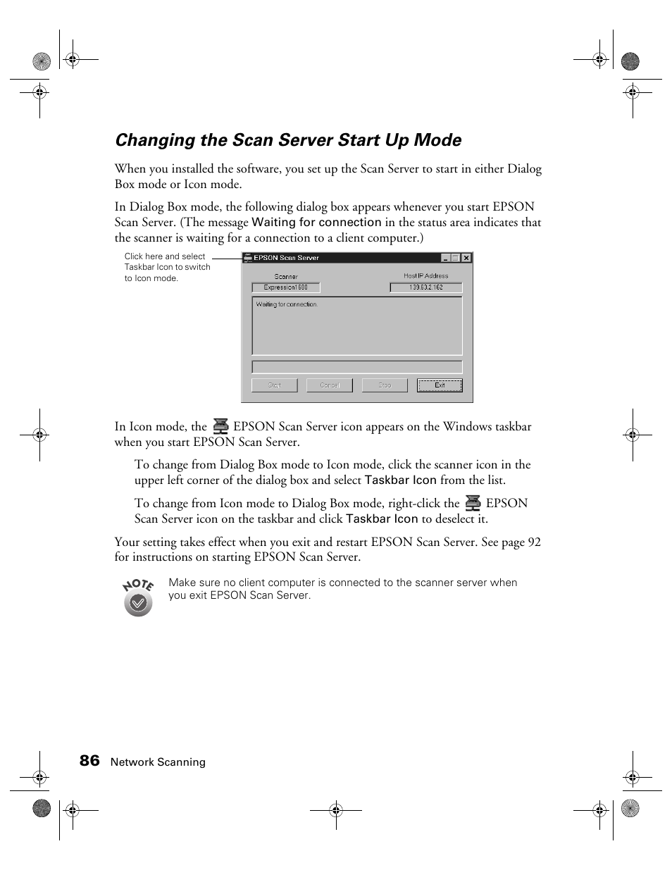 Changing the scan server start up mode | Epson 1680 User Manual | Page 93 / 159