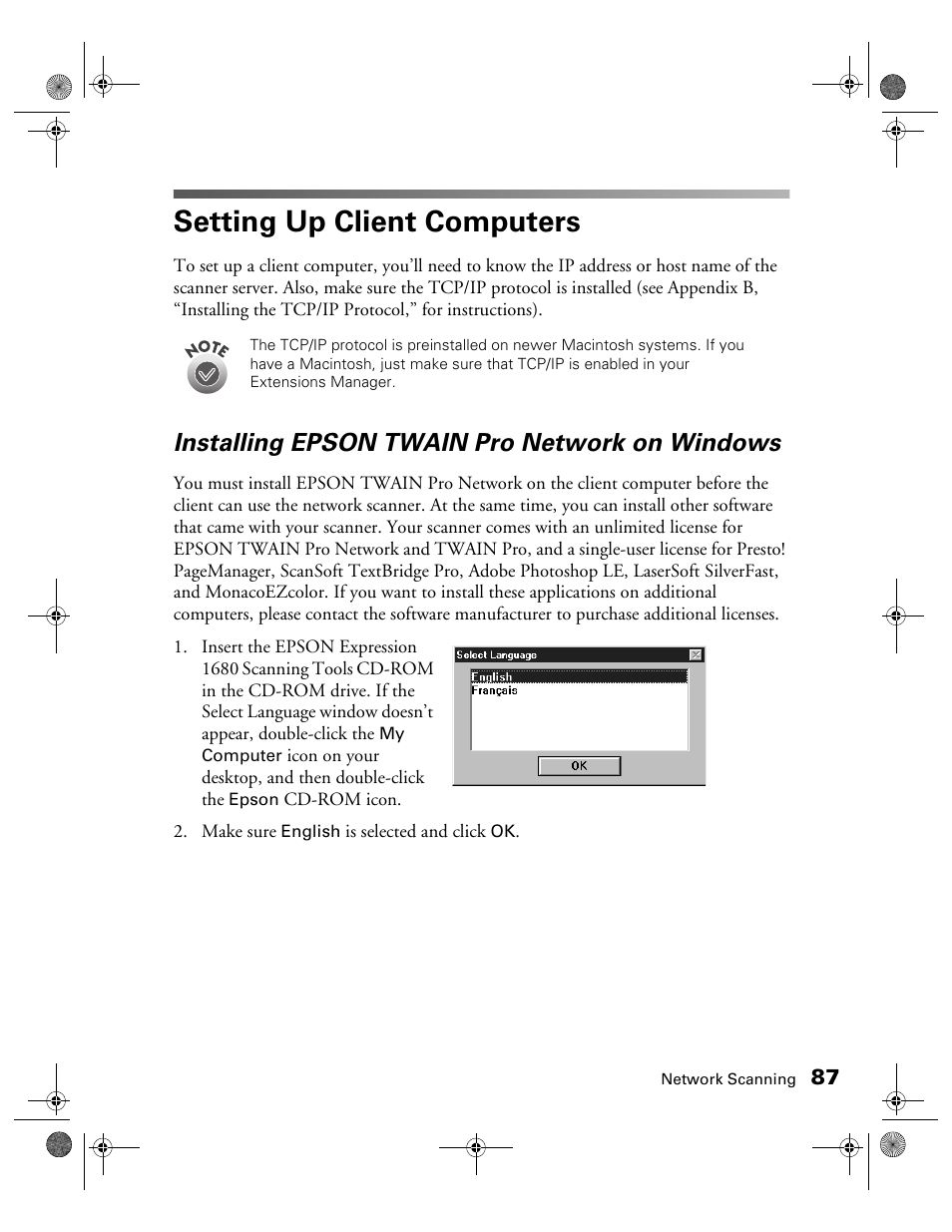 Setting up client computers, Installing epson twain pro network on windows | Epson 1680 User Manual | Page 94 / 159
