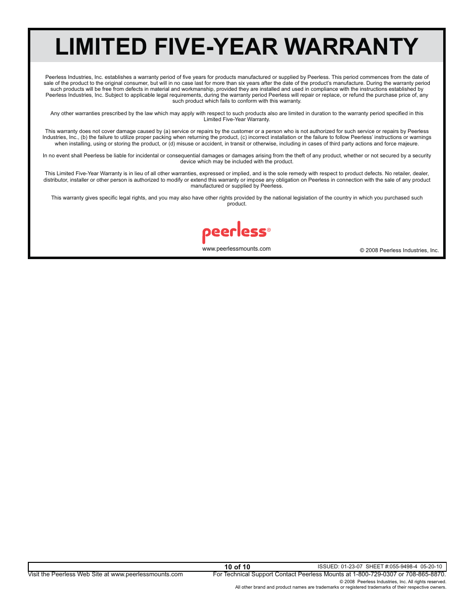 Teerless, 10 oflo, Limited five-year warranty | Epson ELPMBPJF User Manual | Page 10 / 10
