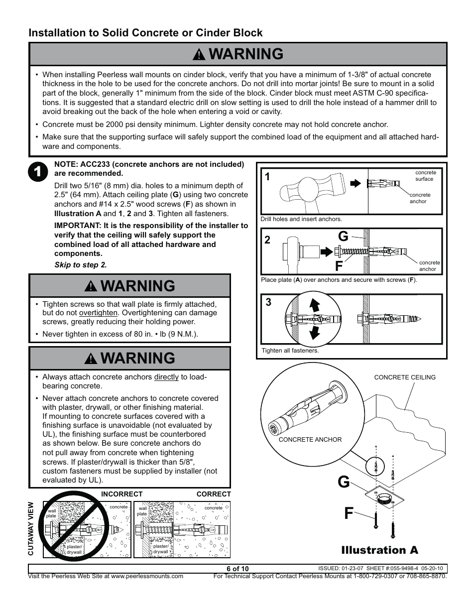 Installation to solid concrete or cinder block, A warning | Epson ELPMBPJF User Manual | Page 6 / 10