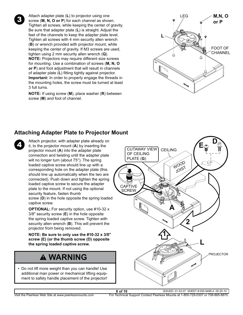 A warning, Attaching adapter plate to projector mount | Epson ELPMBPJF User Manual | Page 8 / 10