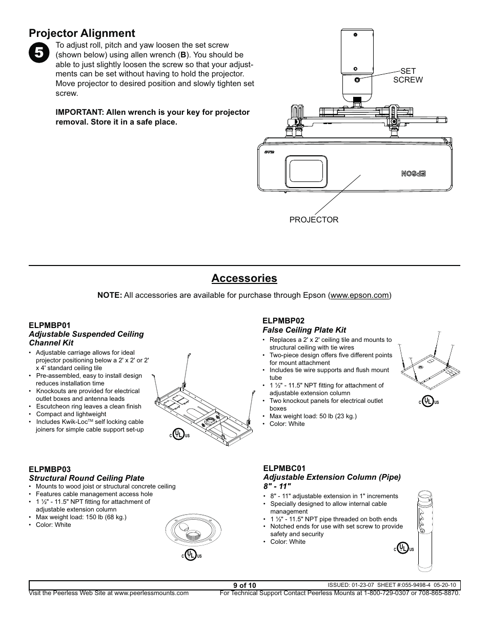 Projector alignment, Accessories, Elpmbp01 | Elpmbp02, Elpmbp03, Elpmbc01, 9 of10 | Epson ELPMBPJF User Manual | Page 9 / 10