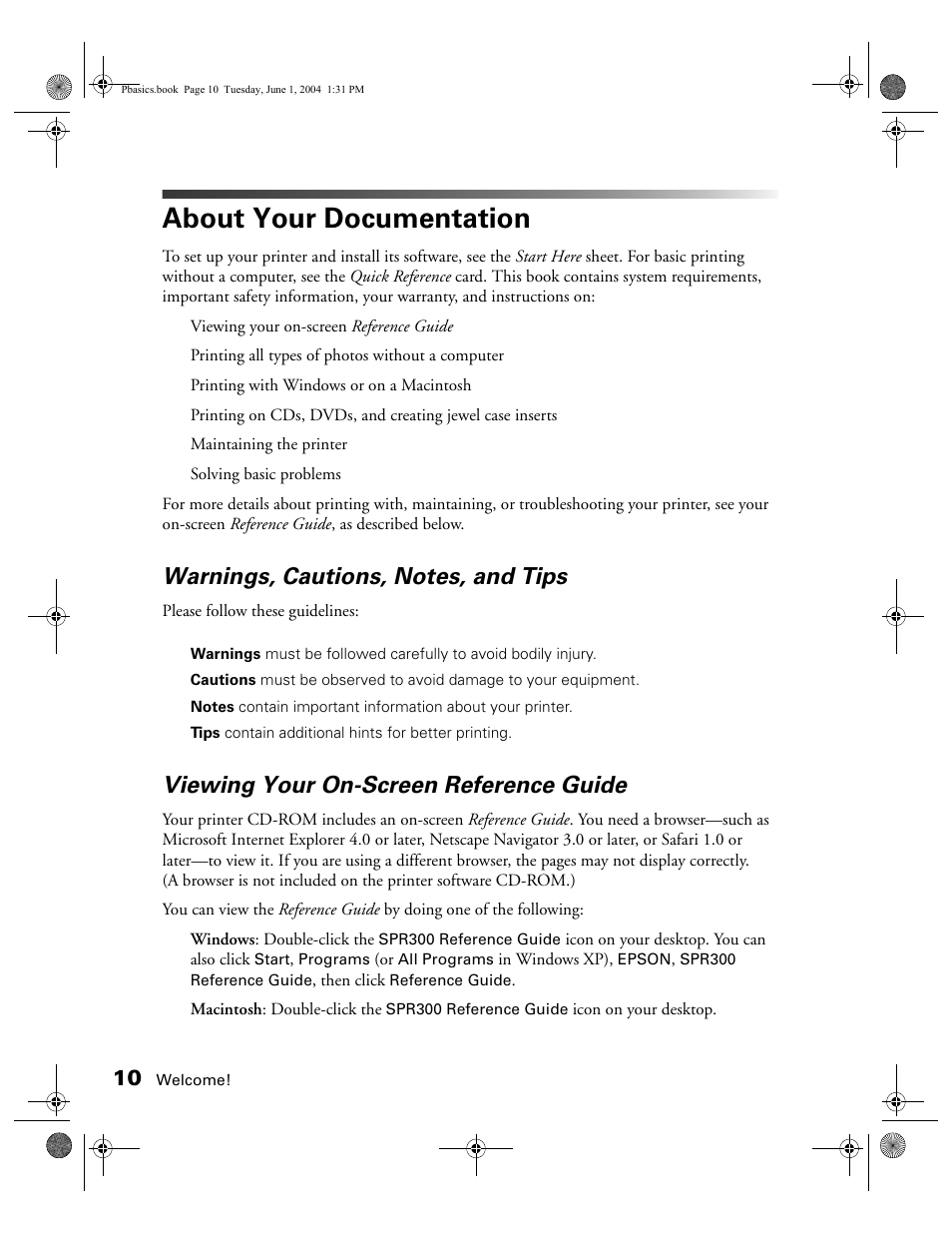 About your documentation, Warnings, cautions, notes, and tips, Viewing your on-screen reference guide | Epson Stylus Photo R300 Series User Manual | Page 10 / 124