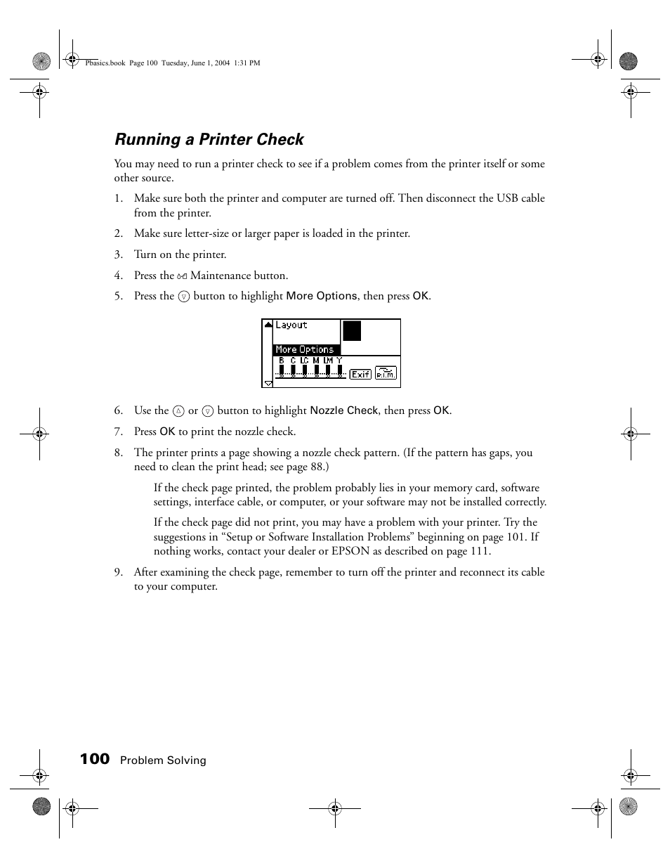 Running a printer check | Epson Stylus Photo R300 Series User Manual | Page 100 / 124