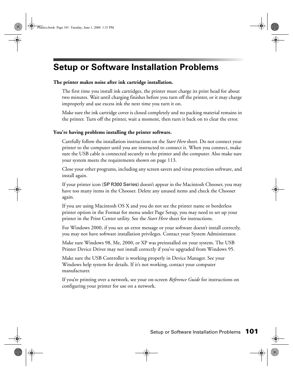 Setup or software installation problems | Epson Stylus Photo R300 Series User Manual | Page 101 / 124