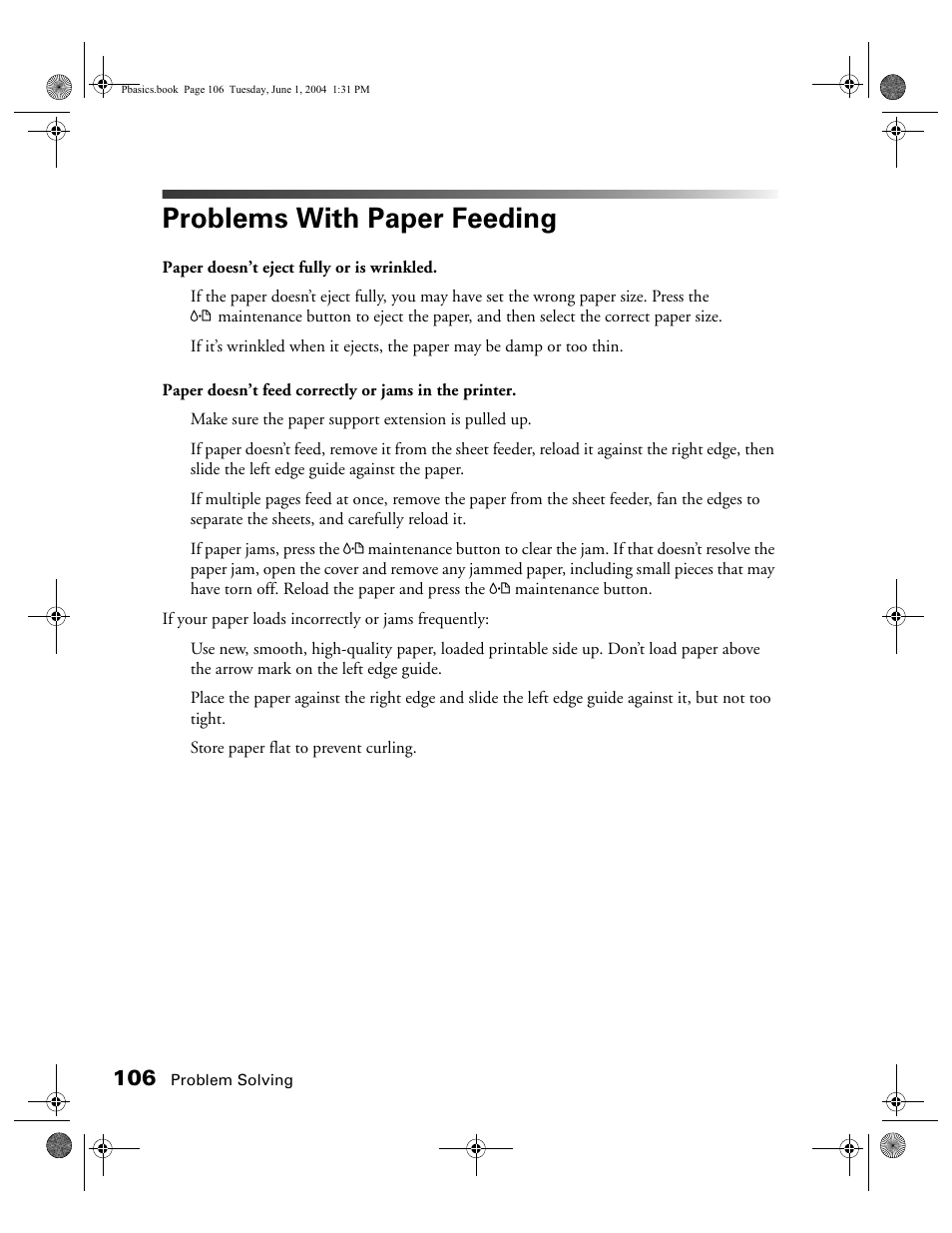Problems with paper feeding | Epson Stylus Photo R300 Series User Manual | Page 106 / 124