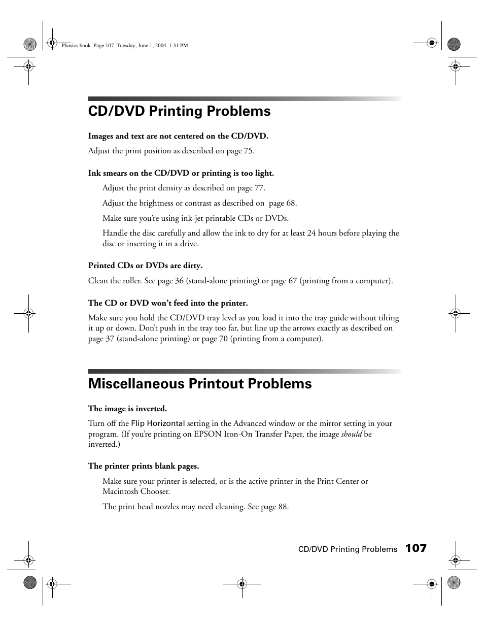 Cd/dvd printing problems, Miscellaneous printout problems | Epson Stylus Photo R300 Series User Manual | Page 107 / 124