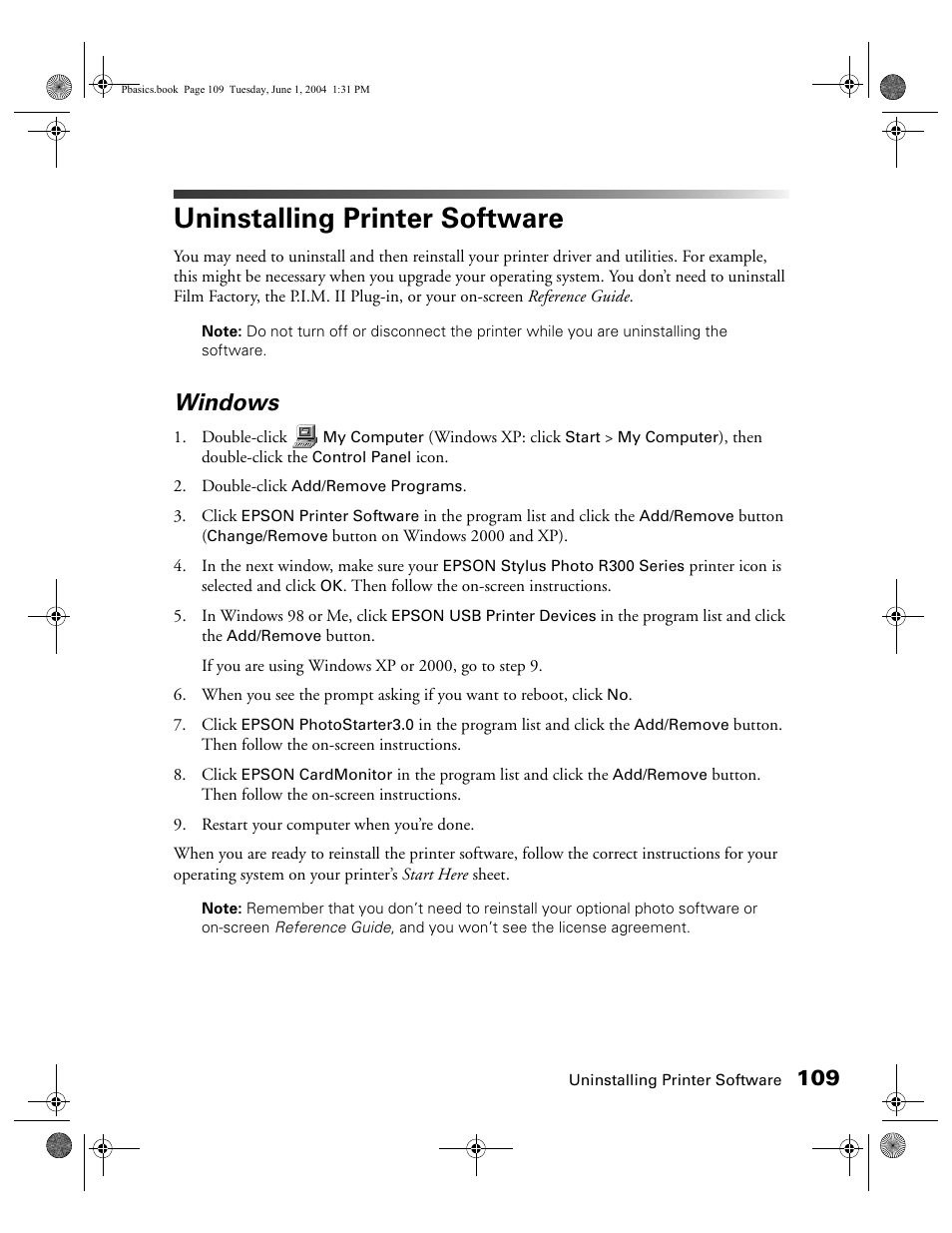 Uninstalling printer software, Windows | Epson Stylus Photo R300 Series User Manual | Page 109 / 124