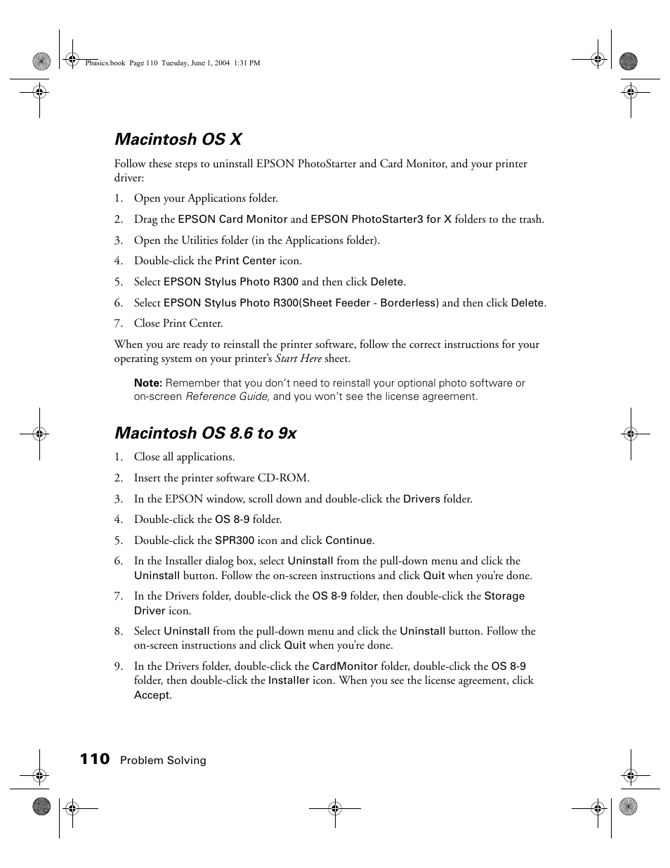 Macintosh os x, Macintosh os 8.6 to 9x | Epson Stylus Photo R300 Series User Manual | Page 110 / 124