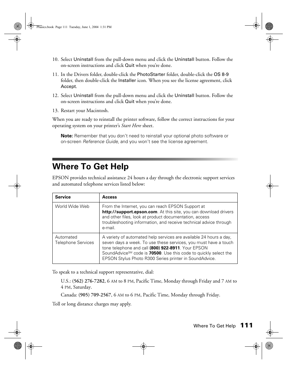 Where to get help | Epson Stylus Photo R300 Series User Manual | Page 111 / 124