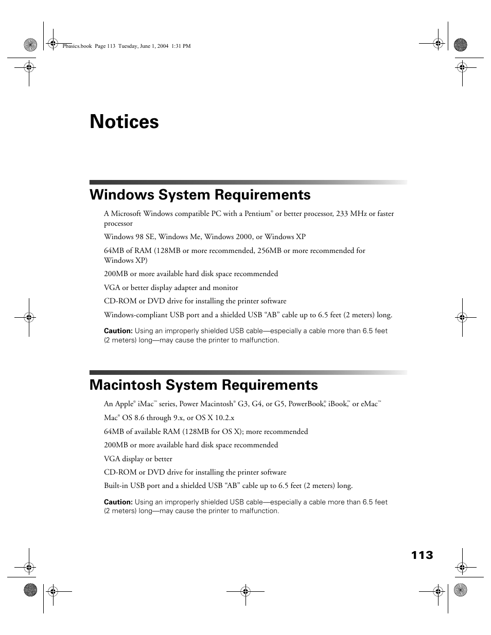 Notices, Windows system requirements, Macintosh system requirements | Notices 113 | Epson Stylus Photo R300 Series User Manual | Page 113 / 124