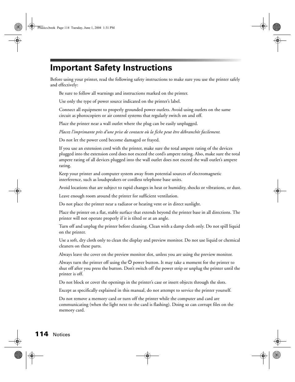 Important safety instructions | Epson Stylus Photo R300 Series User Manual | Page 114 / 124