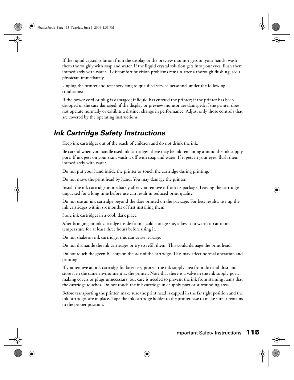 Ink cartridge safety instructions | Epson Stylus Photo R300 Series User Manual | Page 115 / 124