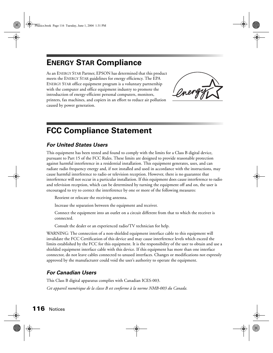 Energy star compliance, Fcc compliance statement, Compliance | Nergy | Epson Stylus Photo R300 Series User Manual | Page 116 / 124