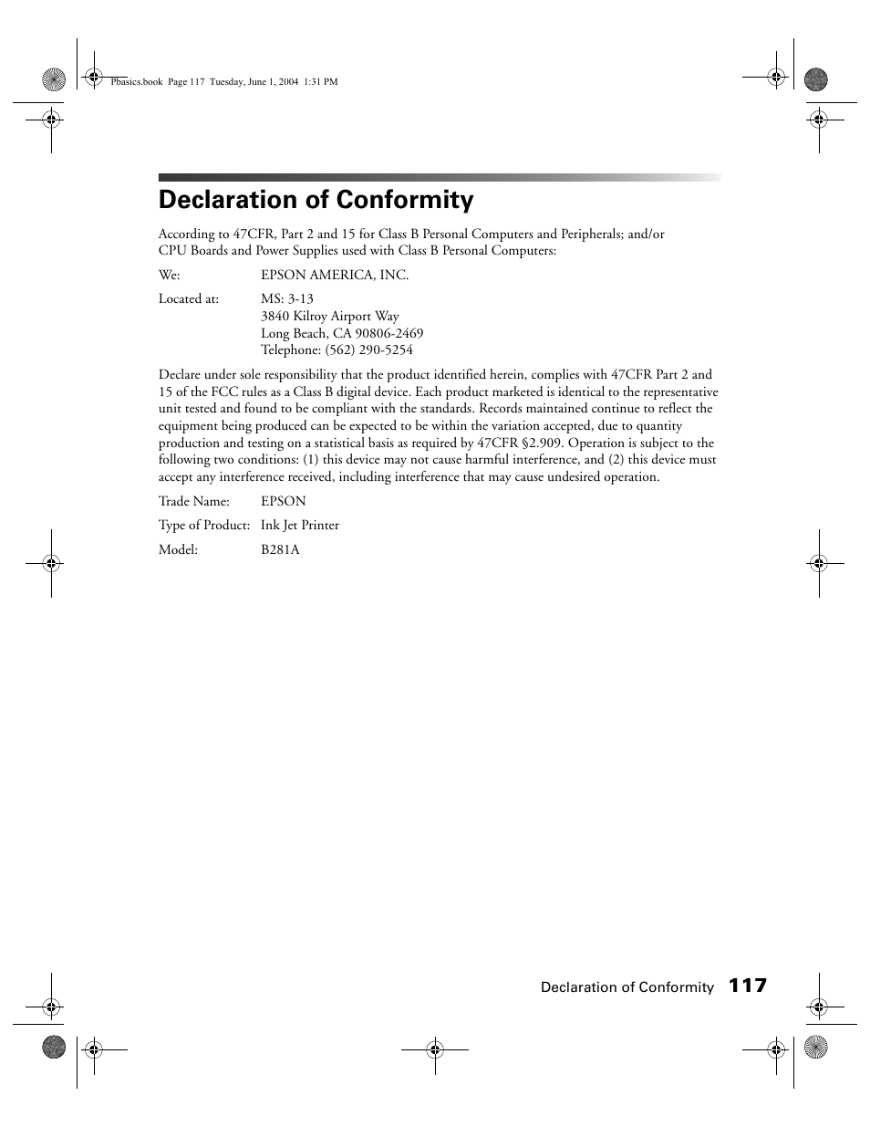 Declaration of conformity | Epson Stylus Photo R300 Series User Manual | Page 117 / 124