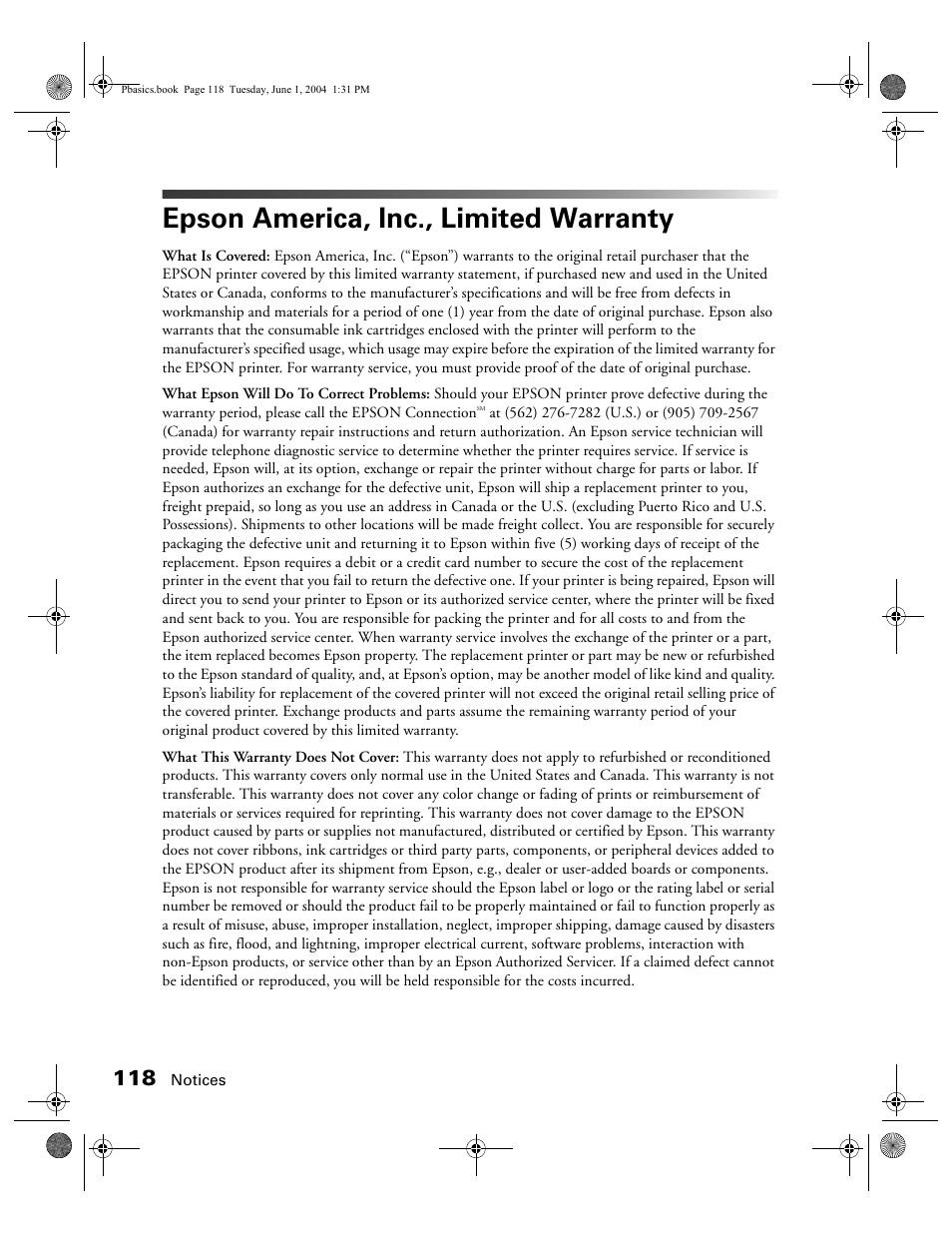 Epson america, inc., limited warranty | Epson Stylus Photo R300 Series User Manual | Page 118 / 124